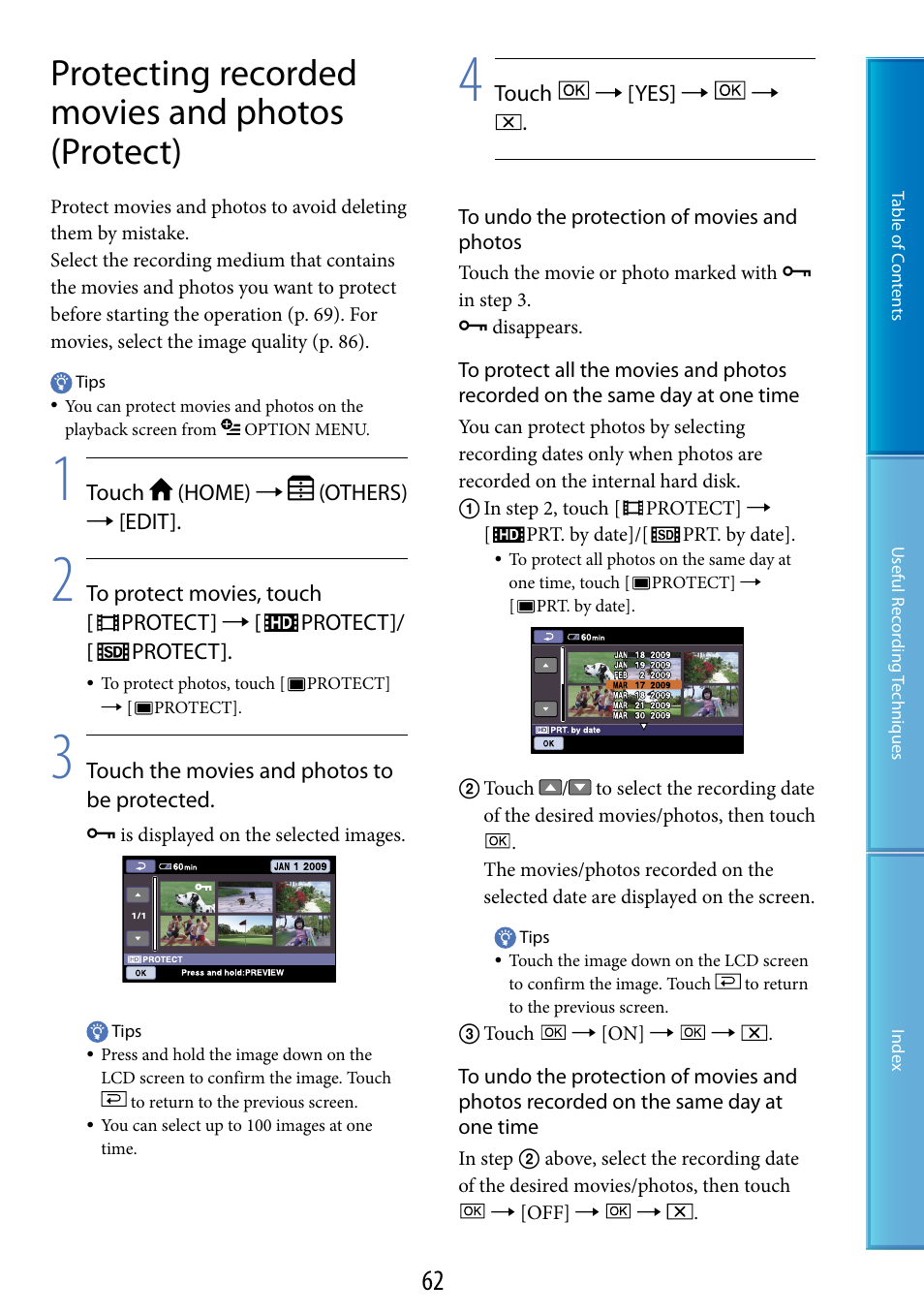 Protecting recorded movies and photos (protect), E (62) | Sony HDR-XR200V User Manual | Page 62 / 133