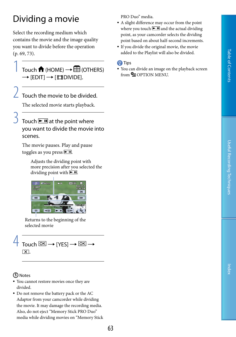 Dividing a movie | Sony HDR-XR200V User Manual | Page 63 / 133