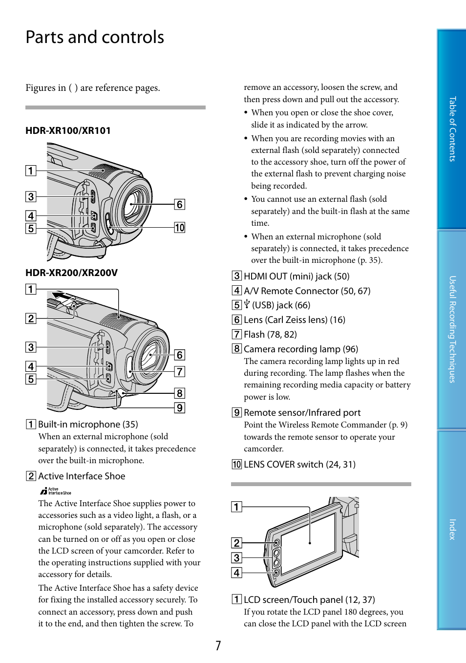 Parts and controls | Sony HDR-XR200V User Manual | Page 7 / 133