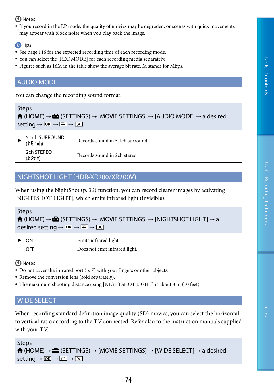 E (74), Elect (74), Audio mode | Wide select | Sony HDR-XR200V User Manual | Page 74 / 133