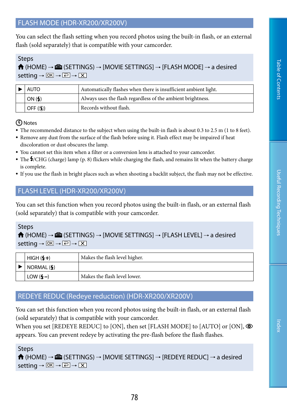 Lash (78, 82) | Sony HDR-XR200V User Manual | Page 78 / 133