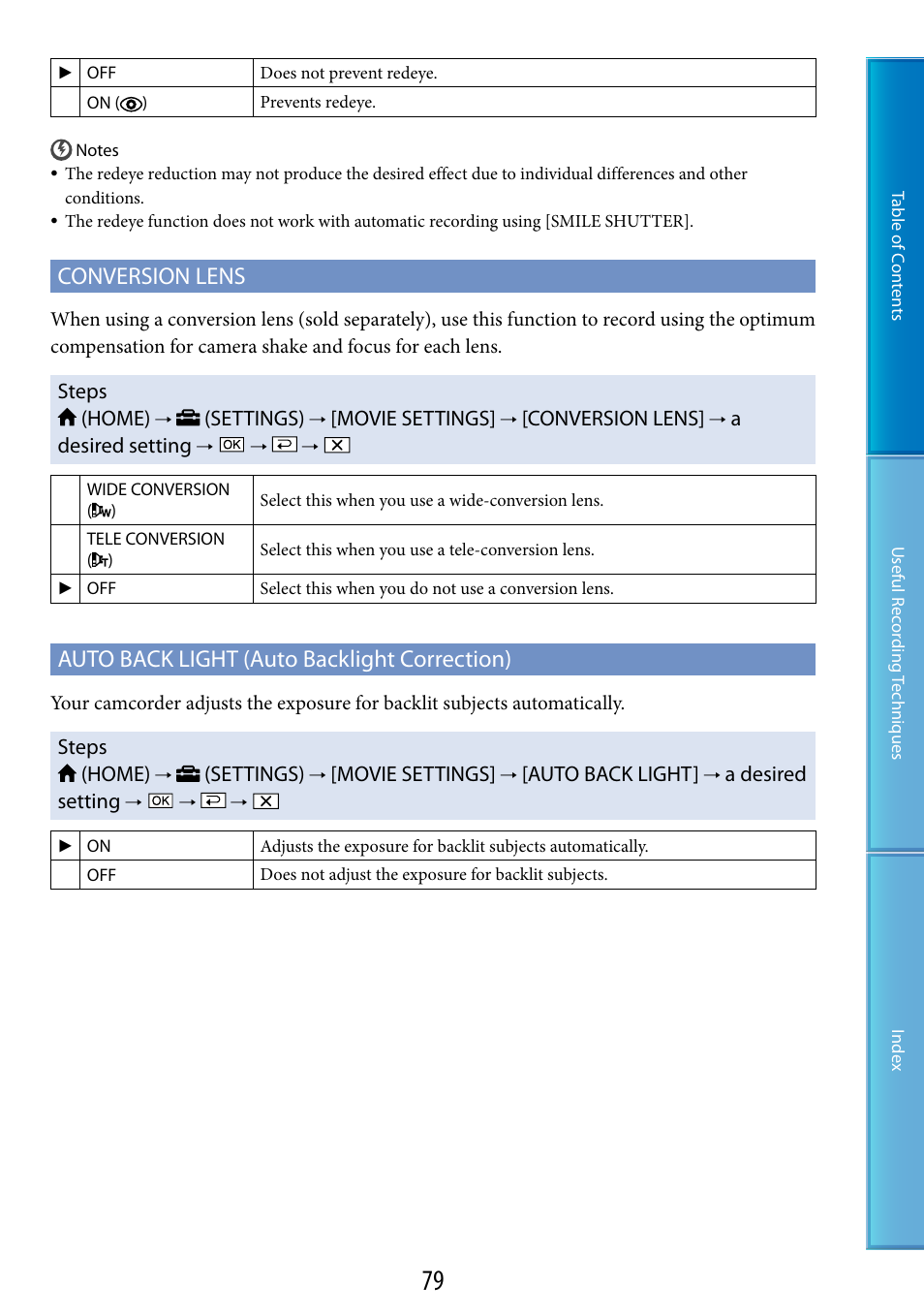 Conversion lens, Auto back light (auto backlight correction) | Sony HDR-XR200V User Manual | Page 79 / 133