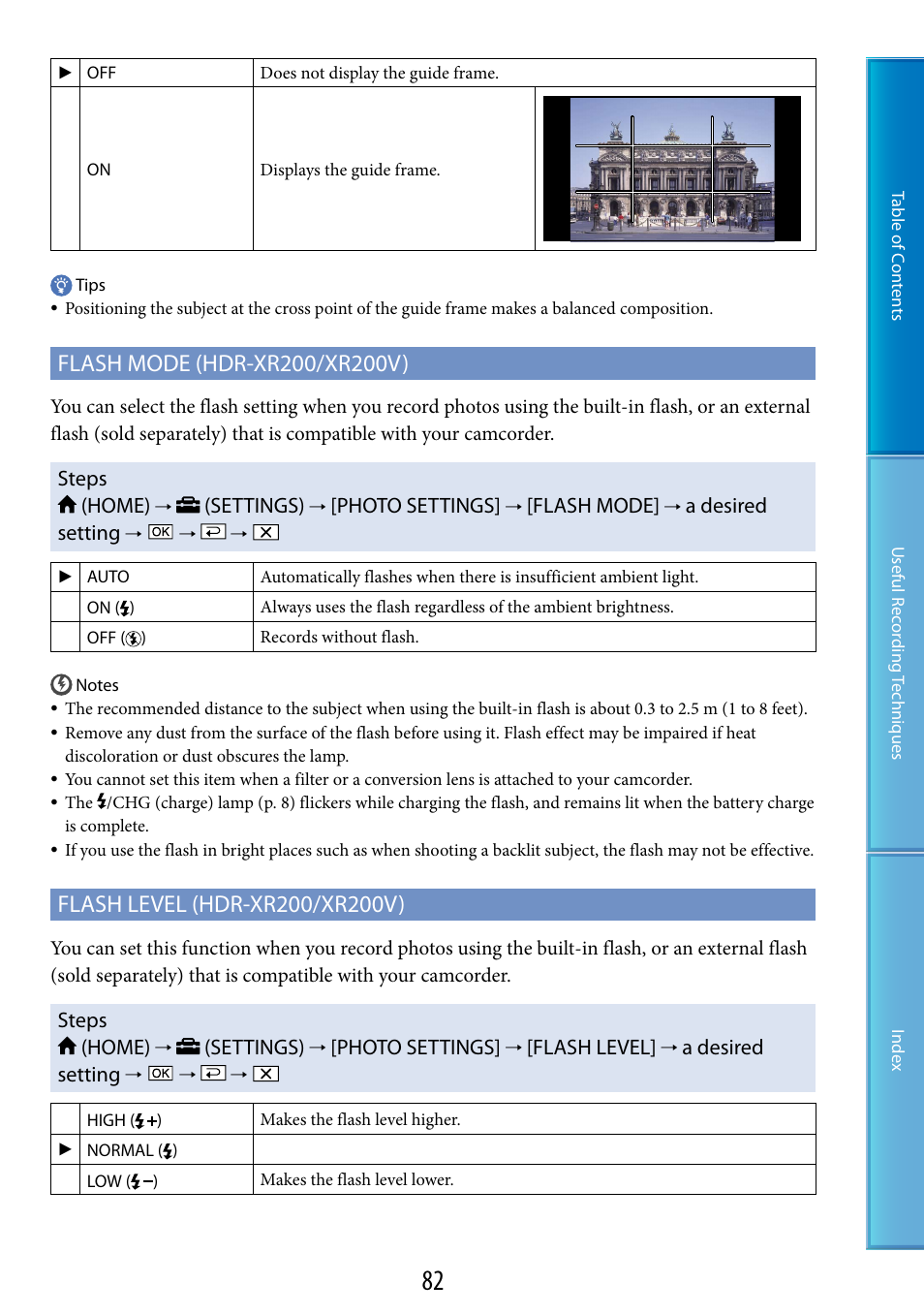 Steps (home), Settings), Photo settings | Flash mode, A desired setting, Flash level | Sony HDR-XR200V User Manual | Page 82 / 133