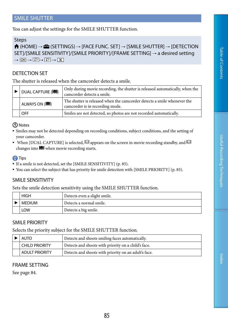 T (85), 85). a, Smile shutter | Sony HDR-XR200V User Manual | Page 85 / 133