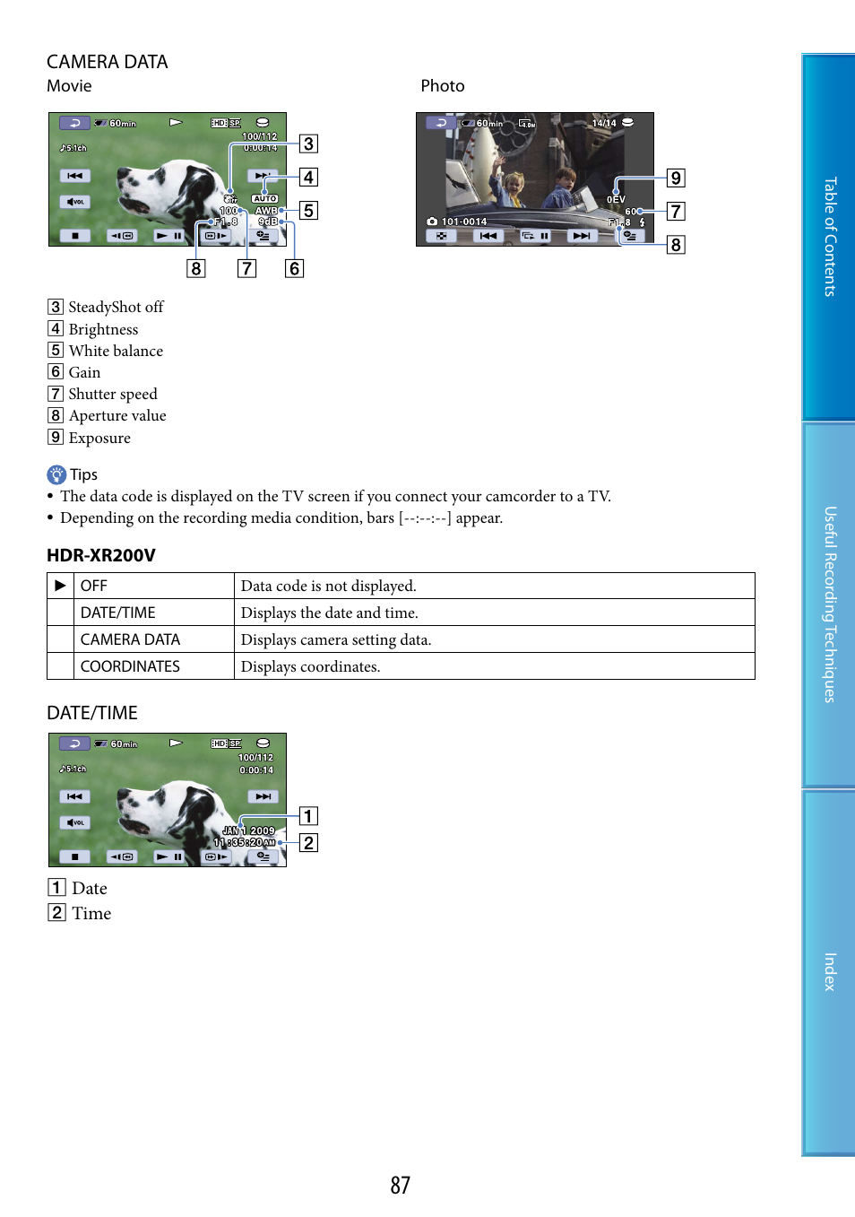 Camera data, Date/time | Sony HDR-XR200V User Manual | Page 87 / 133