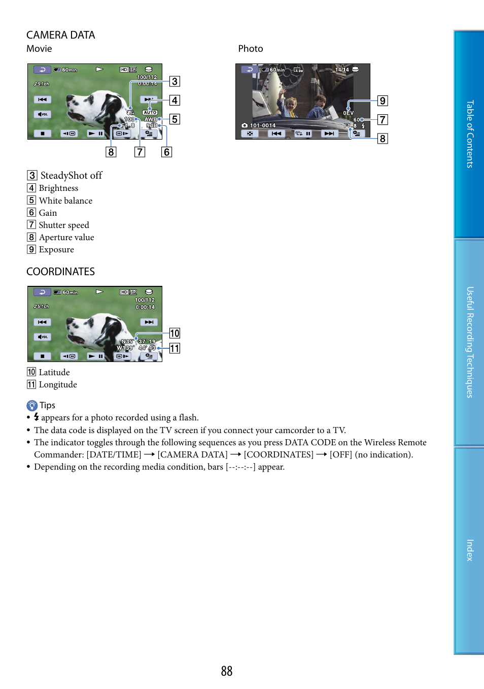On (88), Camera data, Coordinates | Sony HDR-XR200V User Manual | Page 88 / 133