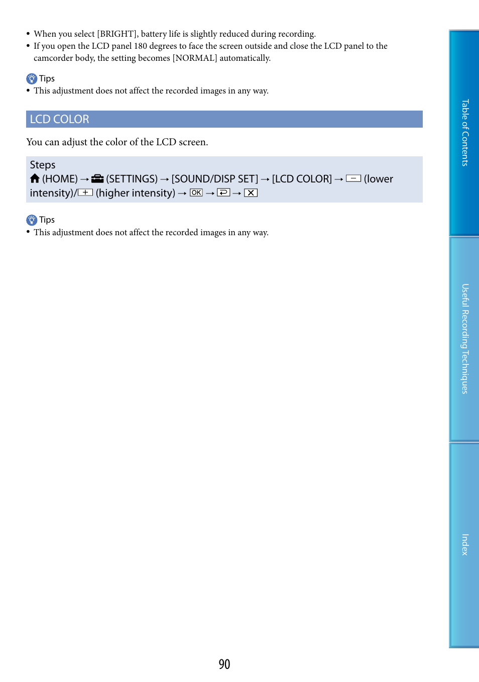 Lcd color, Steps (home), Settings) | Sound/disp set, Lower intensity)/ (higher intensity) | Sony HDR-XR200V User Manual | Page 90 / 133