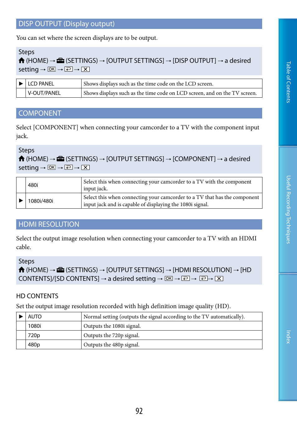 Disp output (display output), Component, Hdmi resolution | Sony HDR-XR200V User Manual | Page 92 / 133