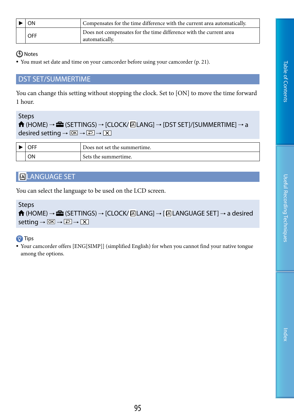 Dst set/summertime, Language set | Sony HDR-XR200V User Manual | Page 95 / 133