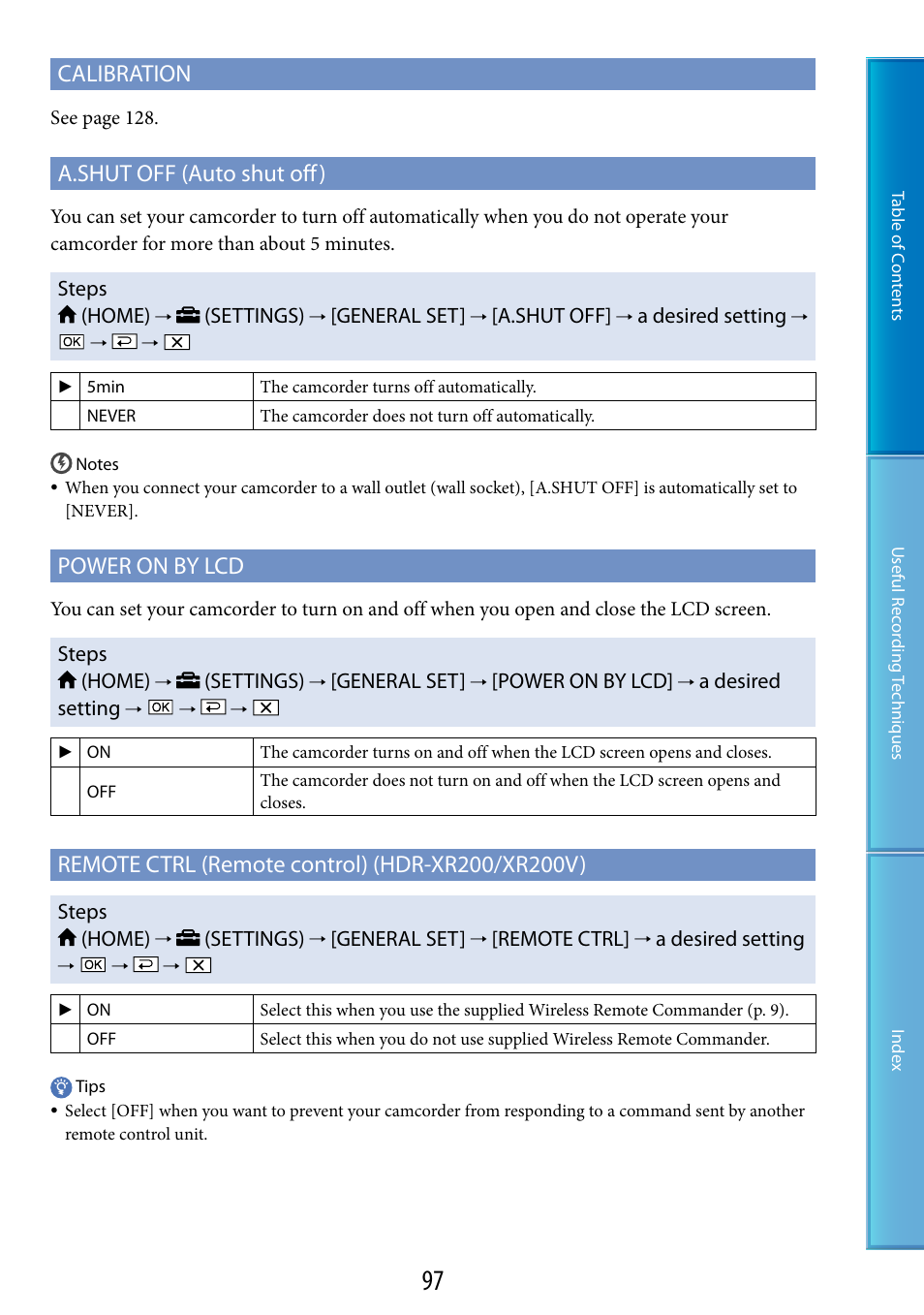 Calibration, A.shut off (auto shut off), Power on by lcd | Sony HDR-XR200V User Manual | Page 97 / 133