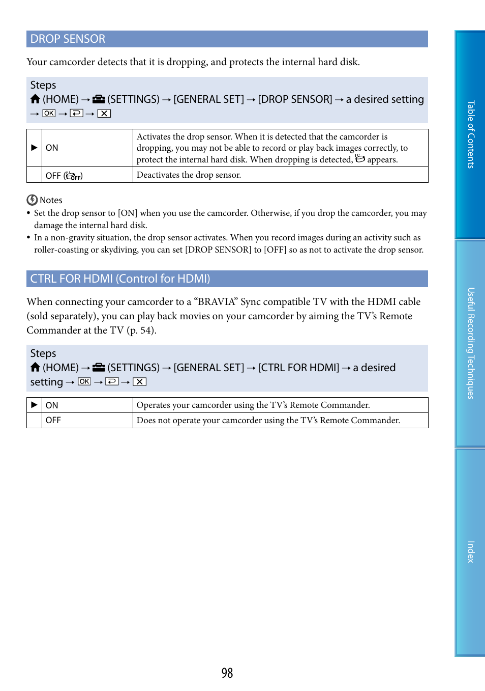 F (98), D (98), 98). w | Drop sensor, Ctrl for hdmi (control for hdmi) | Sony HDR-XR200V User Manual | Page 98 / 133