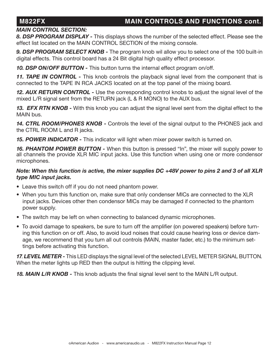 M822fx main controls and functions cont | American Audio M822FX User Manual | Page 12 / 25