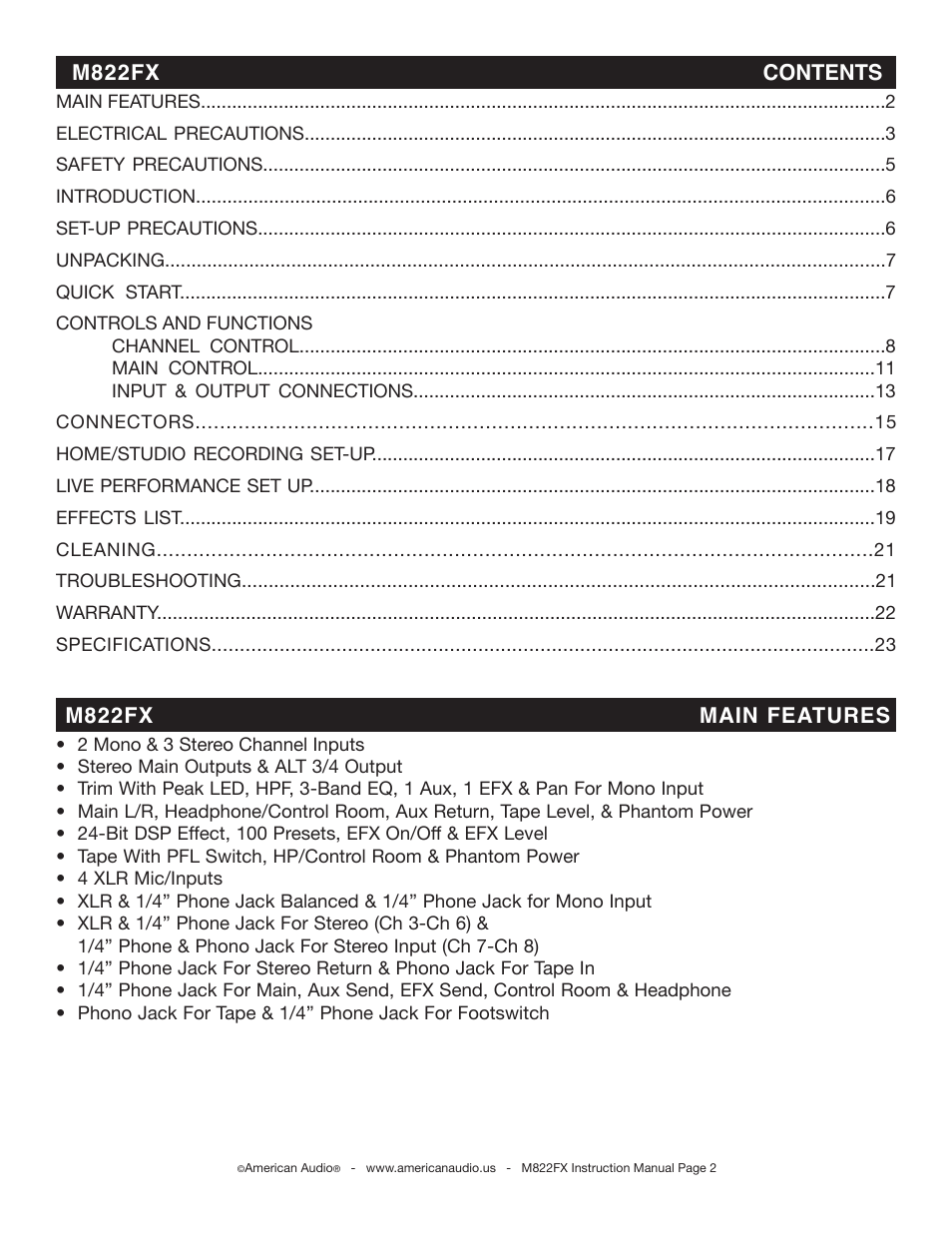 American Audio M822FX User Manual | Page 2 / 25