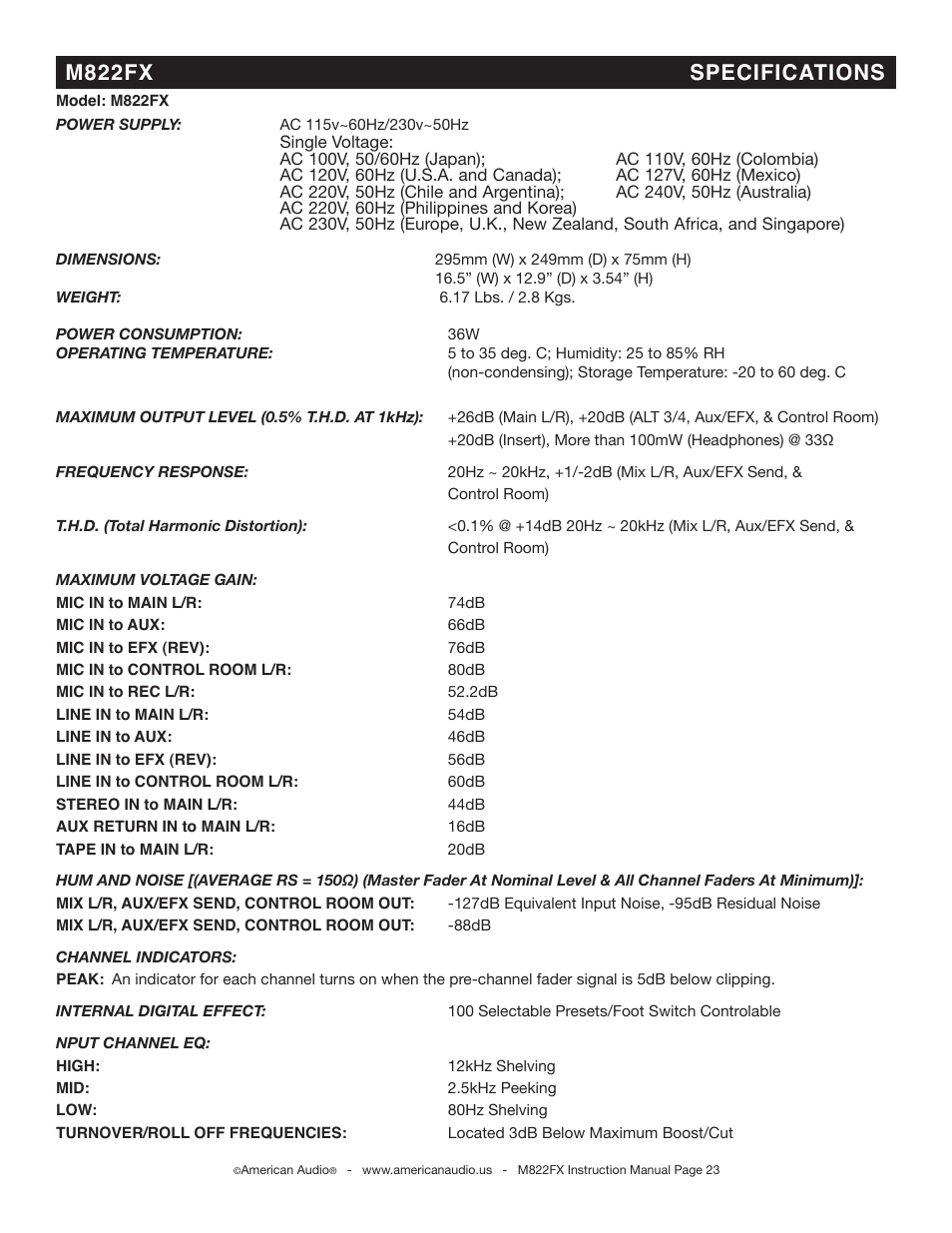 M822fx specifications | American Audio M822FX User Manual | Page 23 / 25