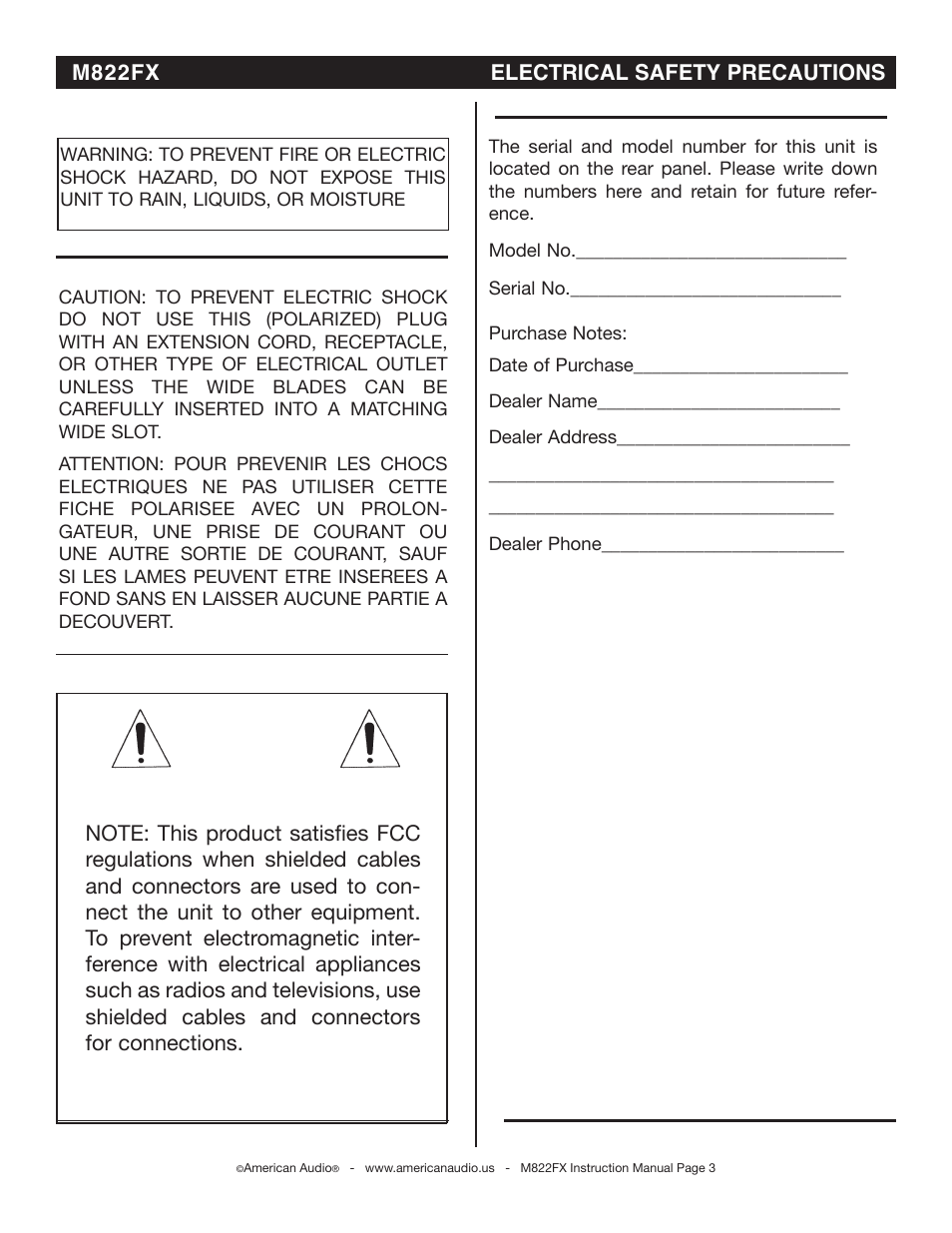 M822fx electrical safety precautions | American Audio M822FX User Manual | Page 3 / 25