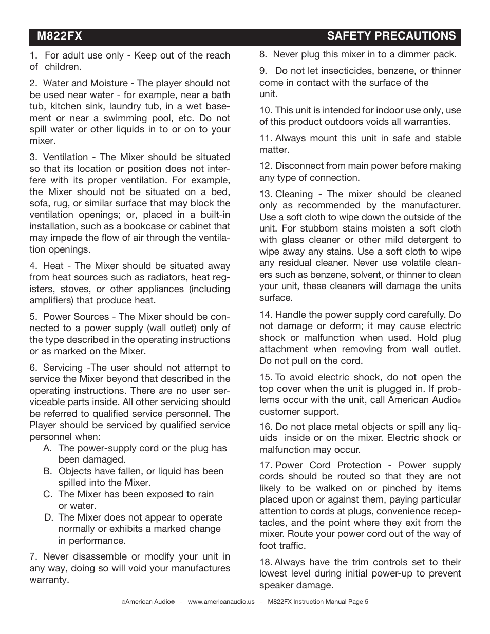 M822fx safety precautions | American Audio M822FX User Manual | Page 5 / 25