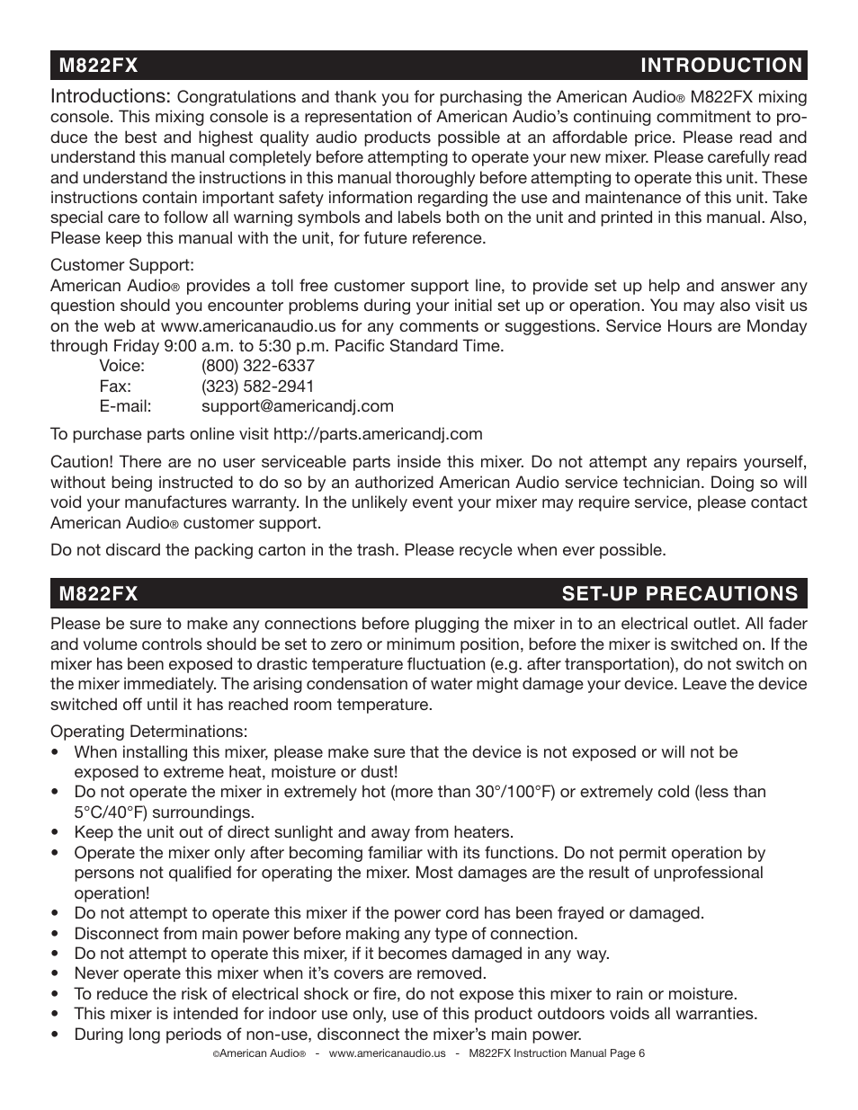 Introductions, M822fx, Introduction | M822fx set-up precautions | American Audio M822FX User Manual | Page 6 / 25