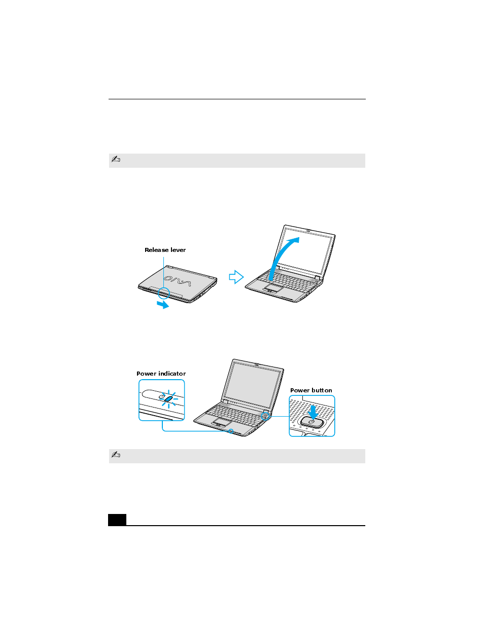 Release lever power button power indicator | Sony PCG-R505GCP User Manual | Page 34 / 72