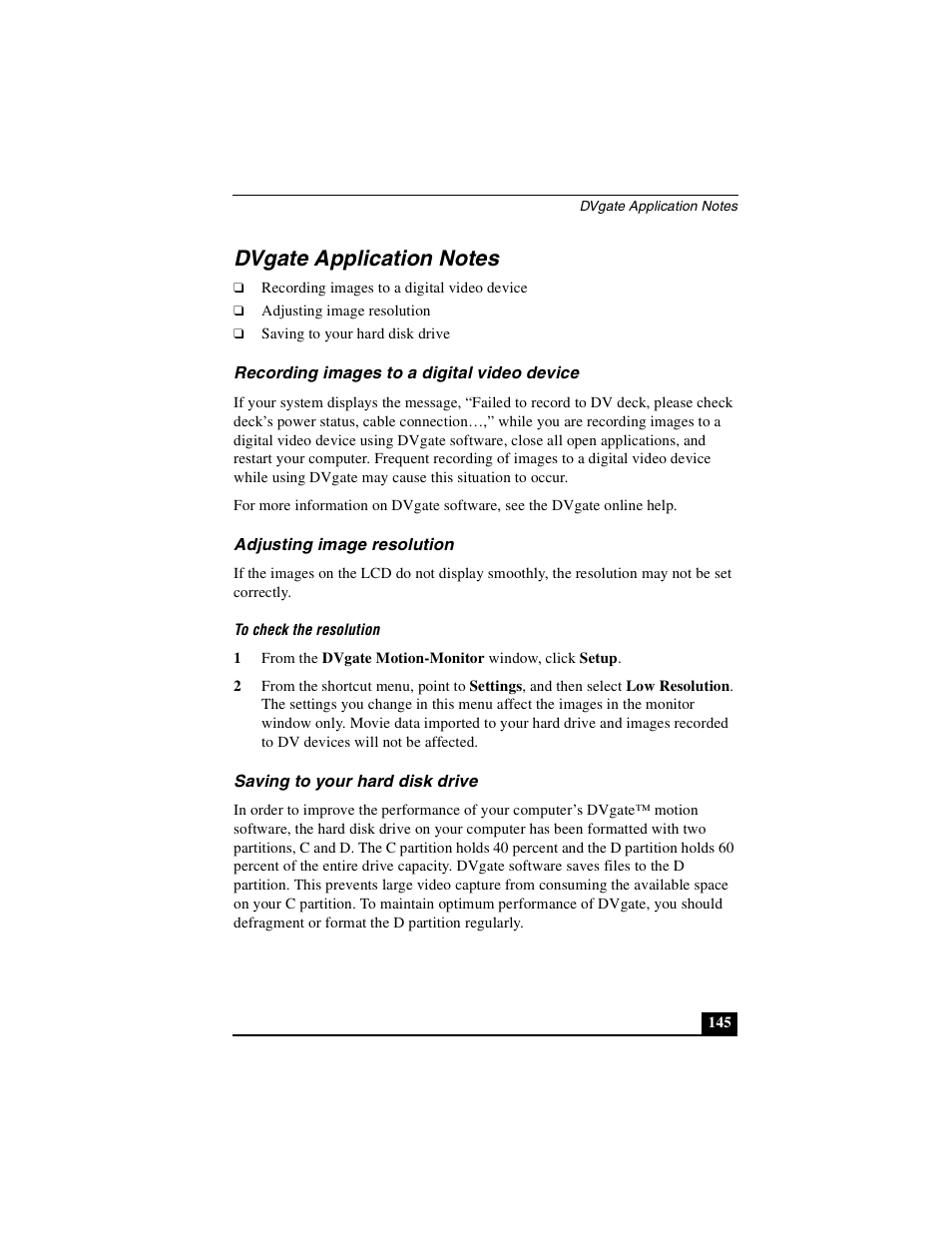 Dvgate application notes, Recording images to a digital video device, Adjusting image resolution | Saving to your hard disk drive | Sony PCG-VX89P User Manual | Page 145 / 200