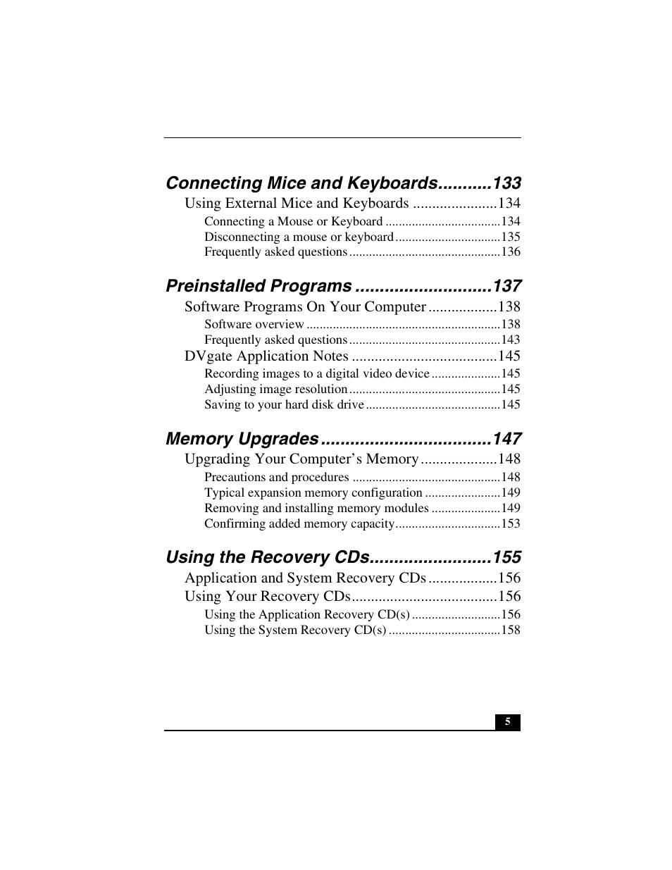 Connecting mice and keyboards, Preinstalled programs, Using the recovery cds | Sony PCG-VX89P User Manual | Page 5 / 200