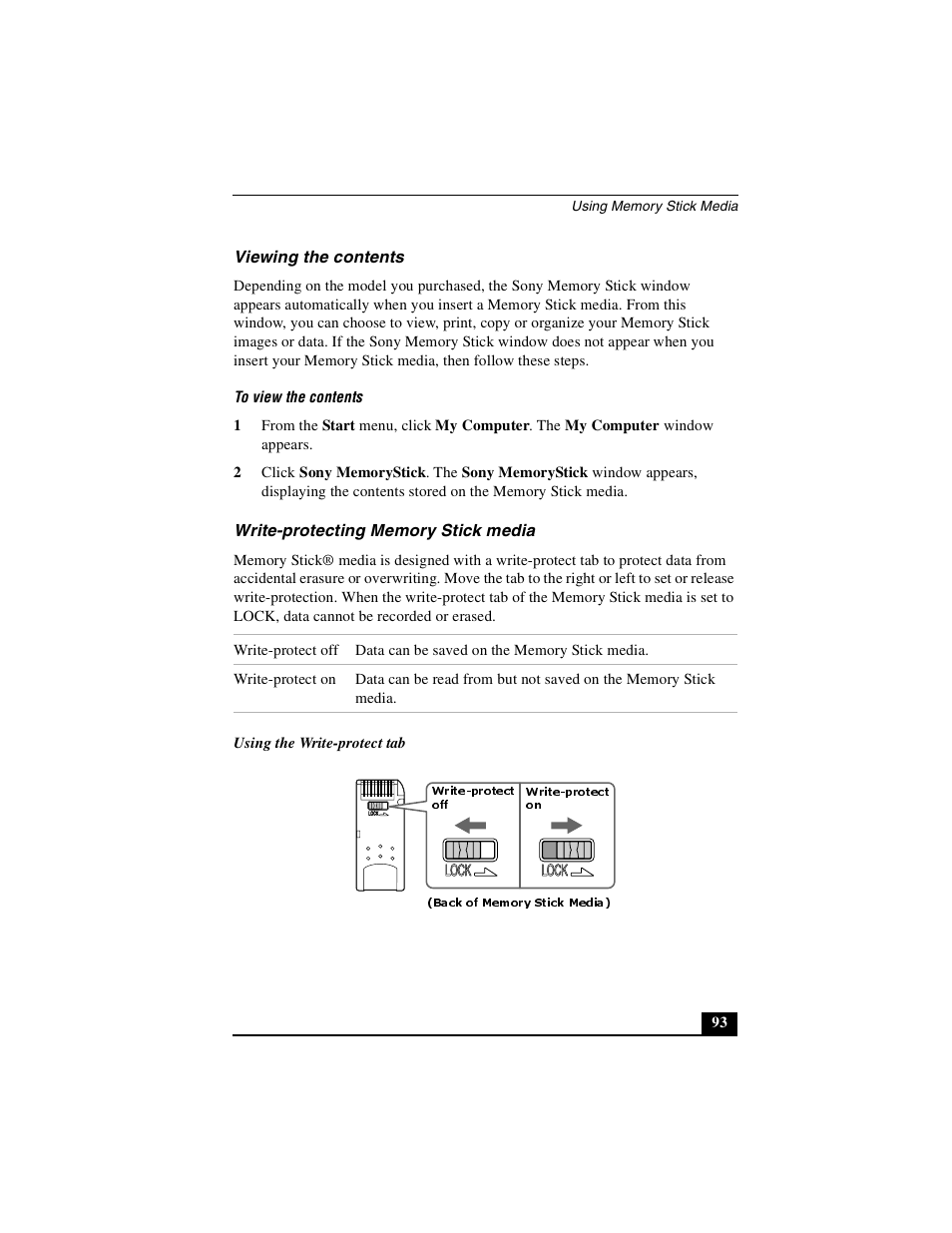 Viewing the contents, Write-protecting memory stick media, Off write-protect on | Sony PCG-VX89P User Manual | Page 93 / 200