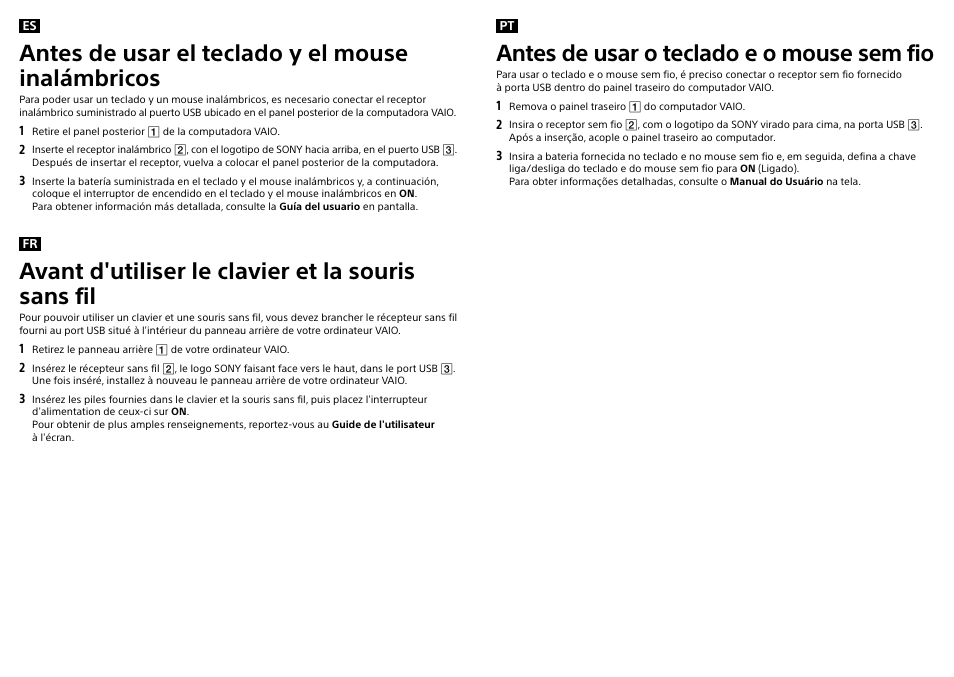 Antes de usar el teclado y el mouse inalámbricos, Avant d'utiliser le clavier et la souris sans fil, Antes de usar o teclado e o mouse sem fio | Sony SVL24125CXW User Manual | Page 2 / 2