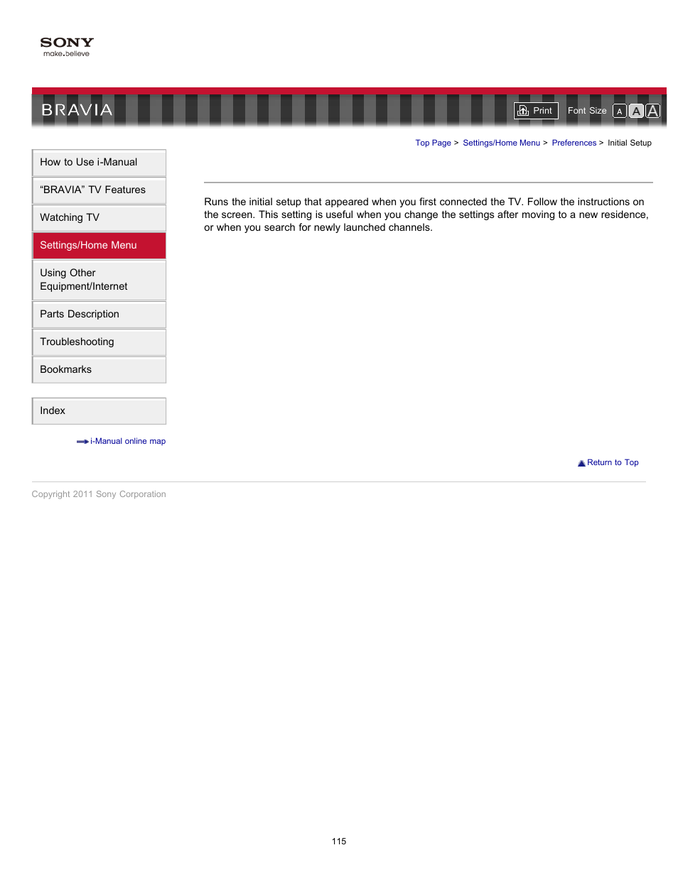 Initial setup | Sony KDL-55EX723 User Manual | Page 115 / 178