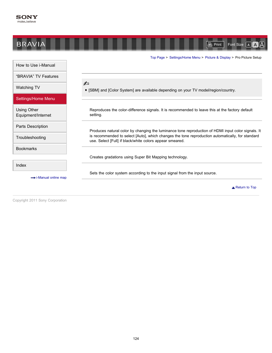 Pro picture setup | Sony KDL-55EX723 User Manual | Page 124 / 178