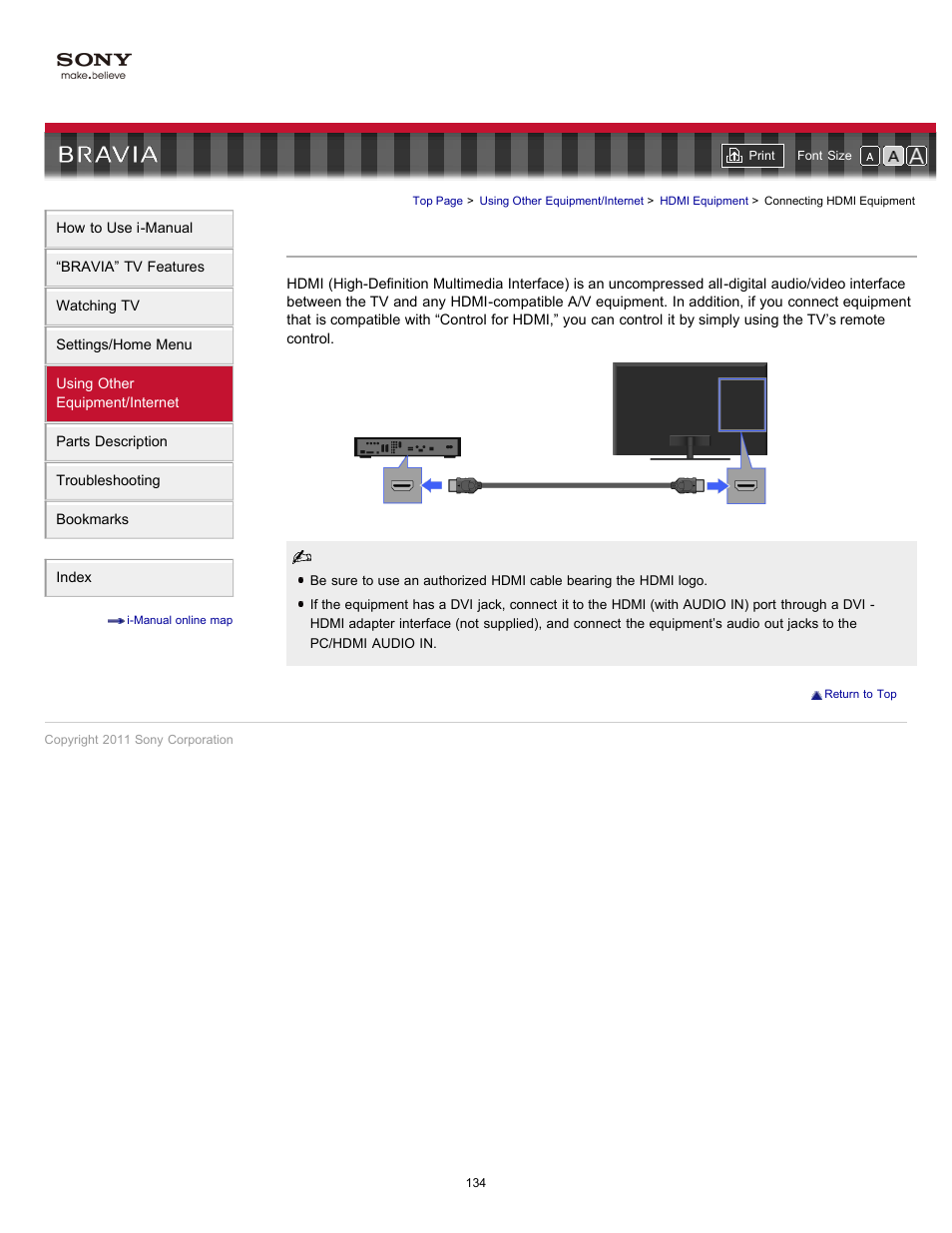 Hdmi device, Connecting hdmi equipment | Sony KDL-55EX723 User Manual | Page 134 / 178