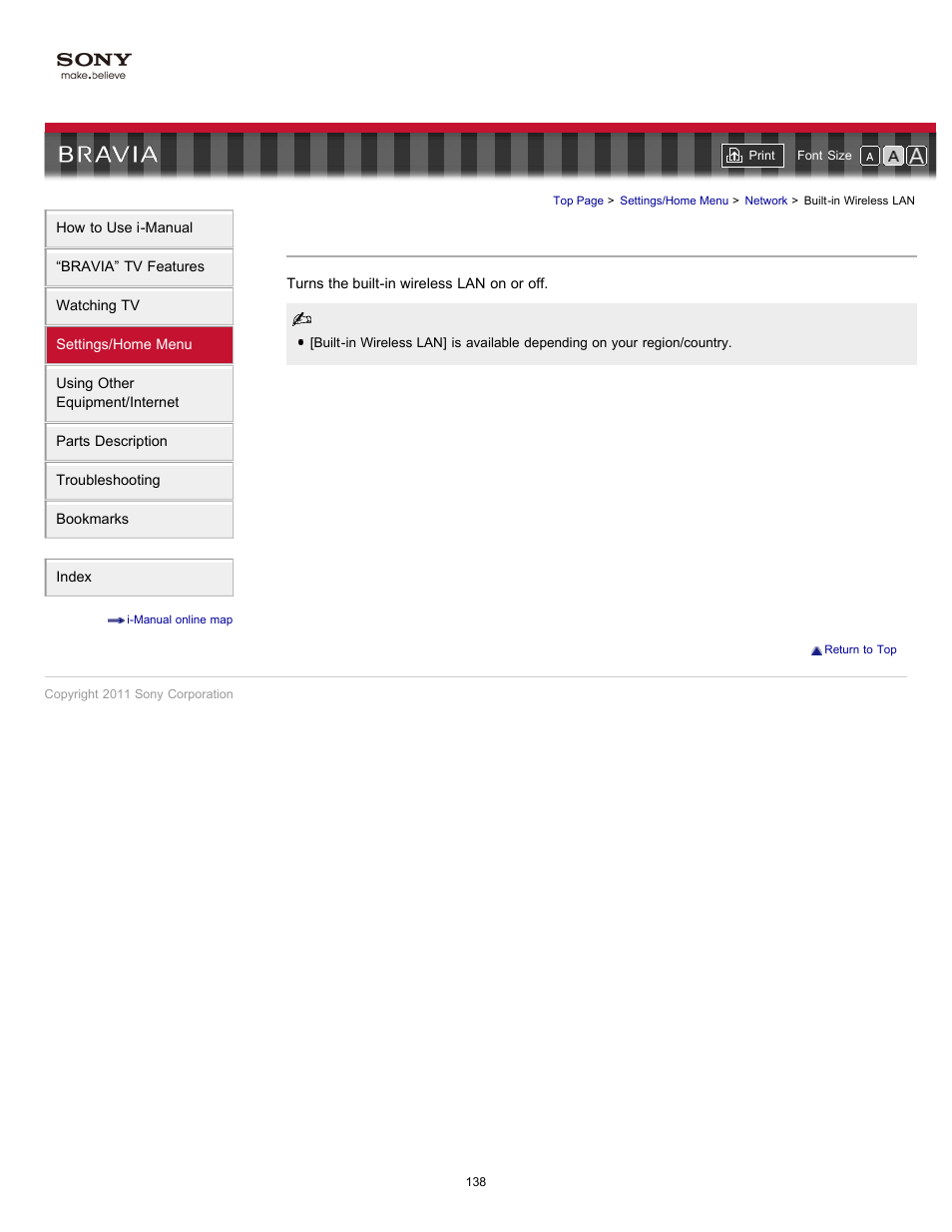 Built-in wireless lan setting, Built-in wireless lan | Sony KDL-55EX723 User Manual | Page 138 / 178