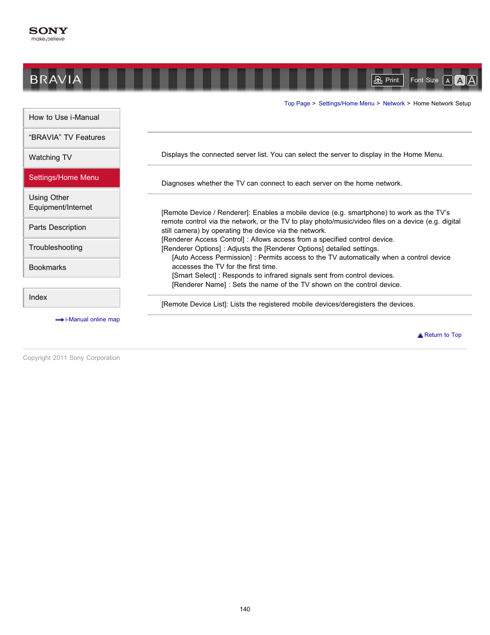 Renderer settings, Home network setup | Sony KDL-55EX723 User Manual | Page 140 / 178