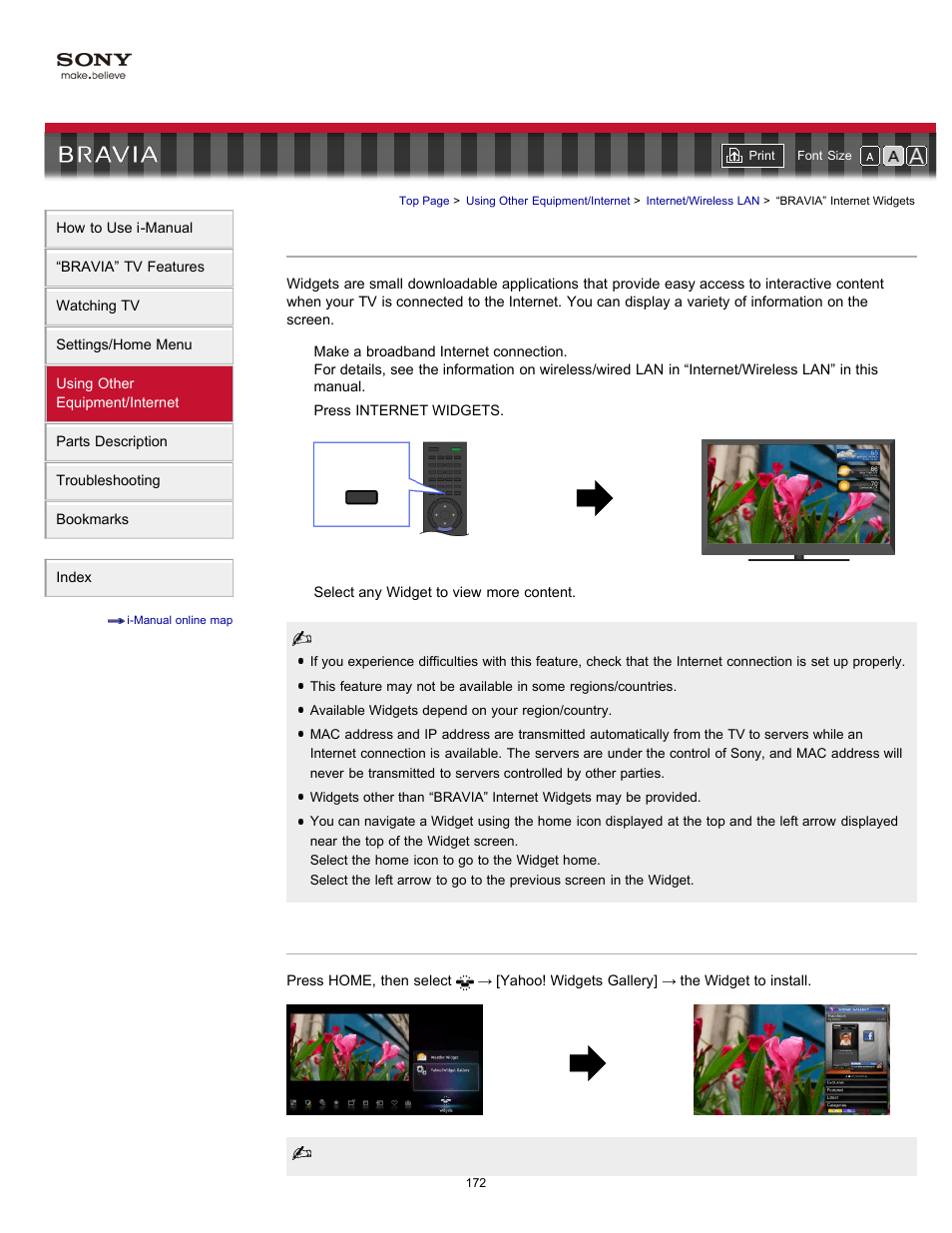 Bravia” internet widgets | Sony KDL-55EX723 User Manual | Page 172 / 178