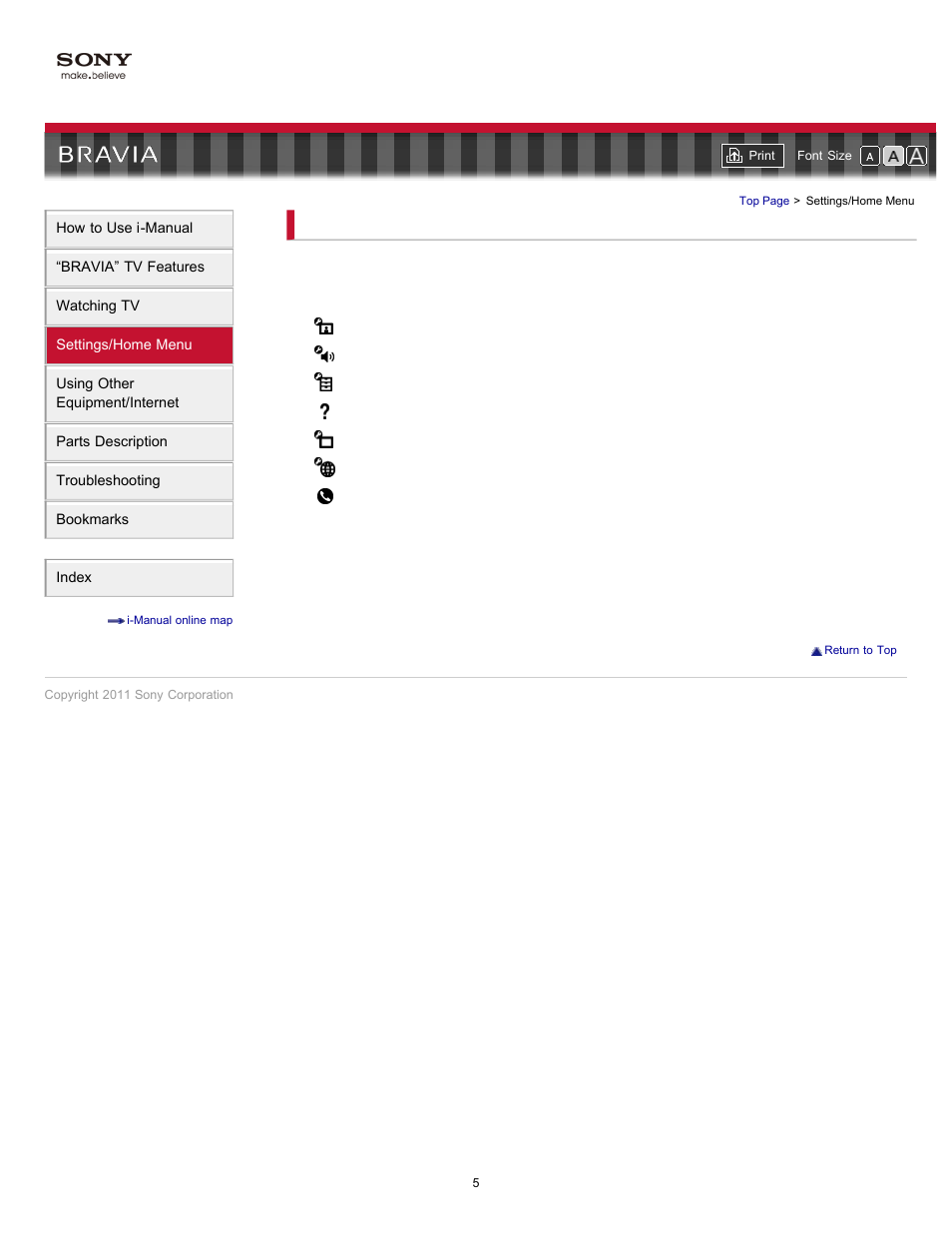 Settings/home menu | Sony KDL-55EX723 User Manual | Page 5 / 178