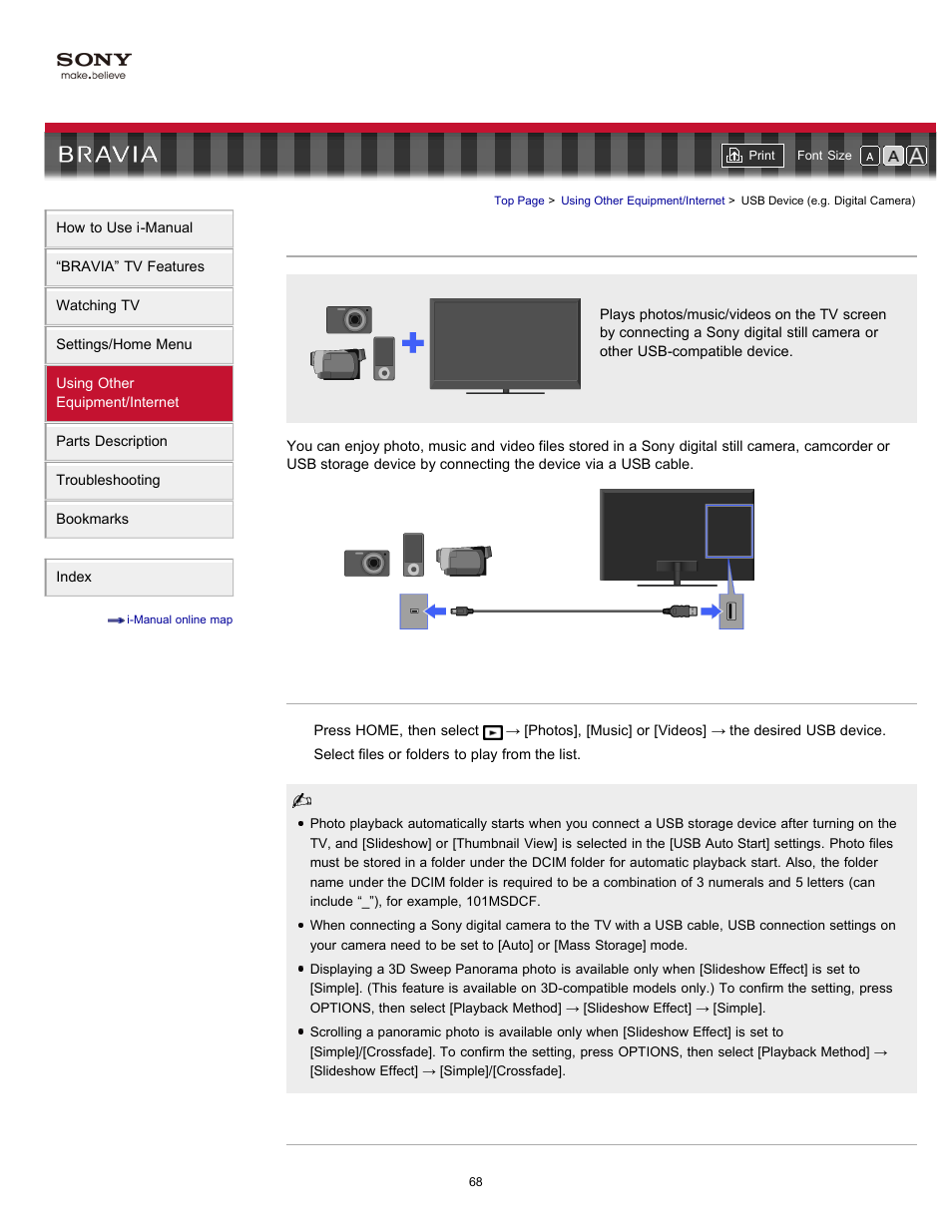 Usb device (e.g. digital camera), Digital still camera | Sony KDL-55EX723 User Manual | Page 68 / 178