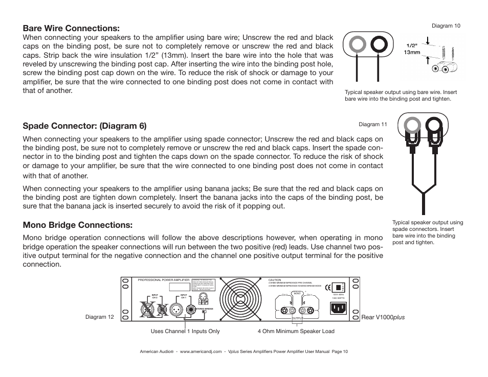 Bare wire connections, Spade connector: (diagram 6), Mono bridge connections | Rear v1000 plus | American Audio Vplus Series User Manual | Page 10 / 16