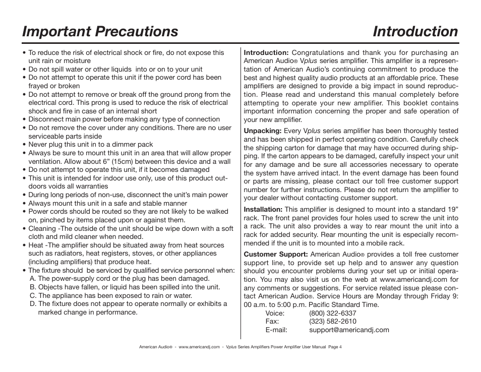 Important precautions, Introduction | American Audio Vplus Series User Manual | Page 4 / 16
