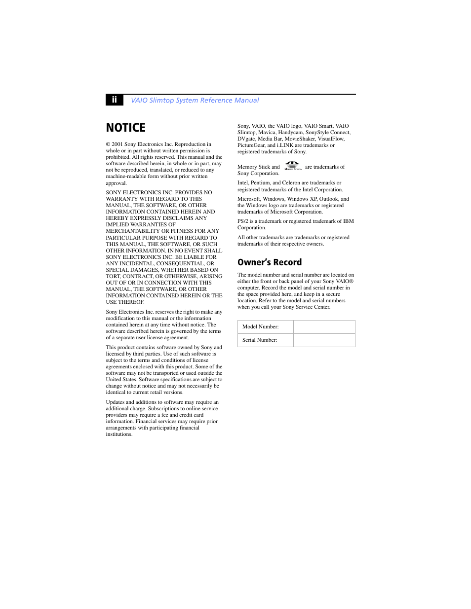 Notice, Owner’s record | Sony PCV-LX920 User Manual | Page 2 / 94