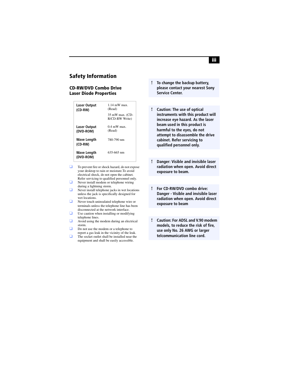 Safety information | Sony PCV-LX920 User Manual | Page 3 / 94