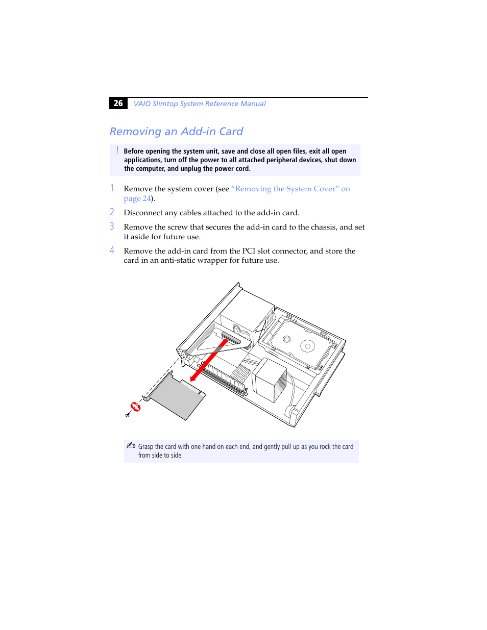 Removing an add-in card | Sony PCV-LX920 User Manual | Page 38 / 94