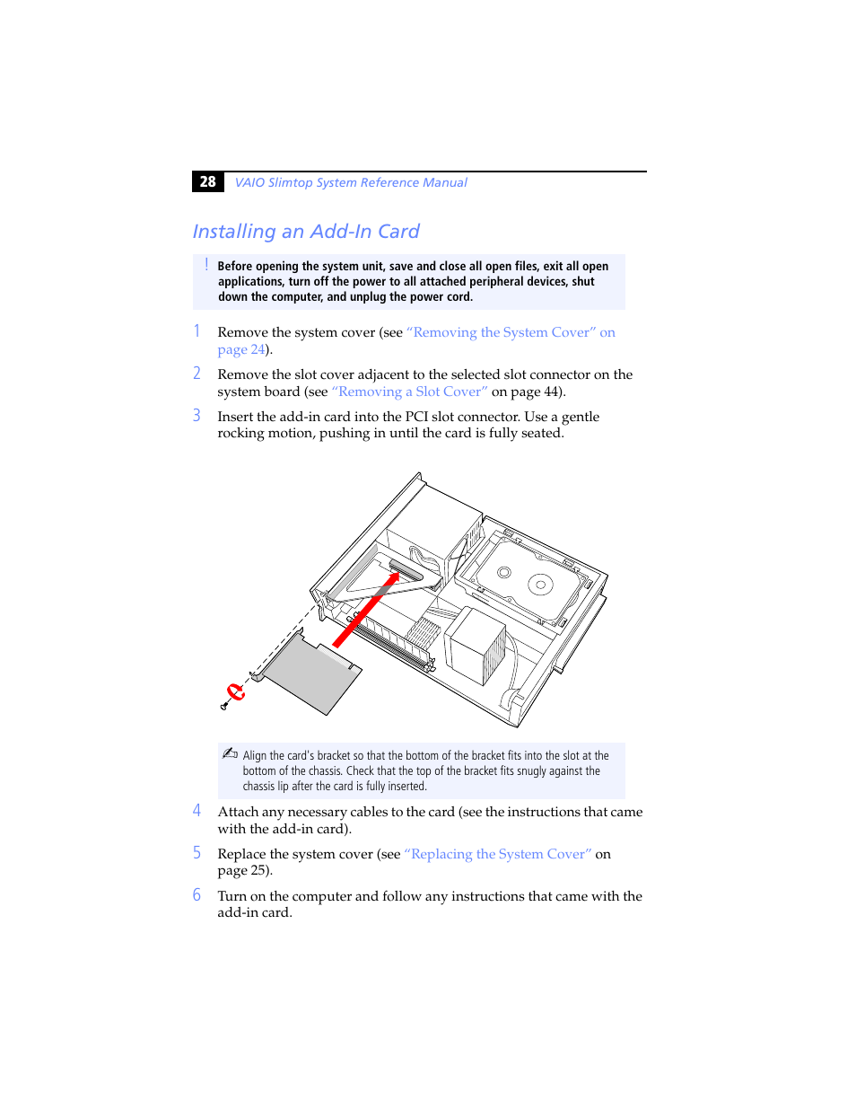 Installing an add-in card | Sony PCV-LX920 User Manual | Page 40 / 94