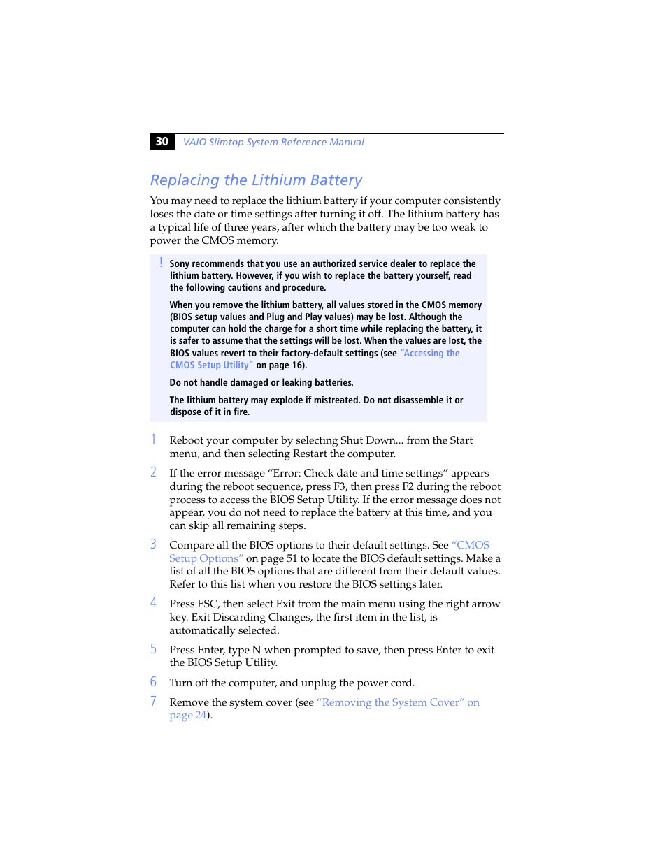 Replacing the lithium battery | Sony PCV-LX920 User Manual | Page 42 / 94