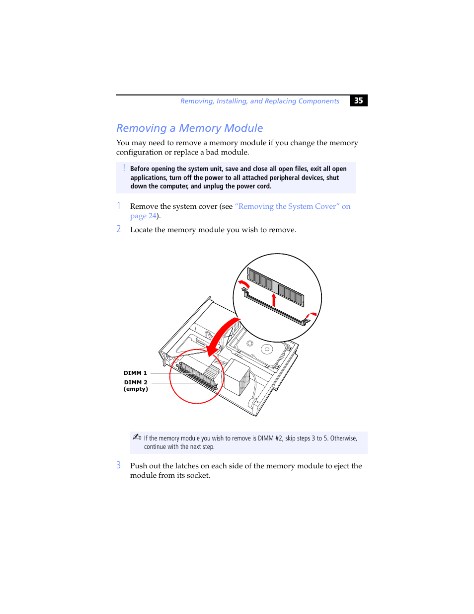 Removing a memory module | Sony PCV-LX920 User Manual | Page 47 / 94