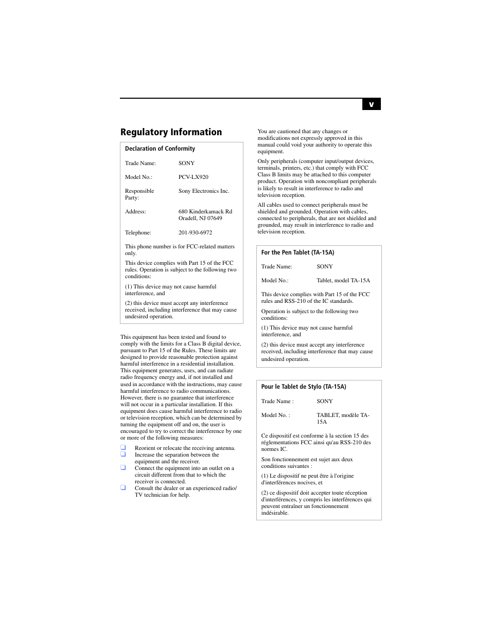 Regulatory information | Sony PCV-LX920 User Manual | Page 5 / 94
