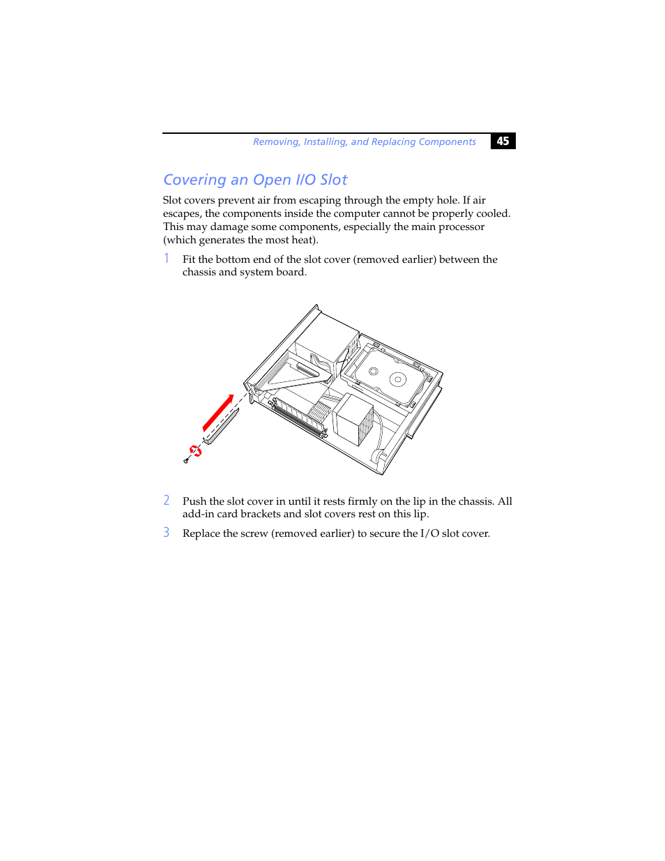 Covering an open i/o slot, Covering, An open i/o slot | Sony PCV-LX920 User Manual | Page 57 / 94