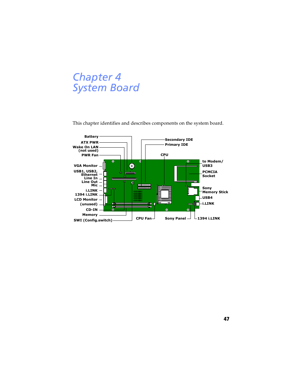 System board, Chapter 4 — system board, Chapter 4 system board | Sony PCV-LX920 User Manual | Page 59 / 94