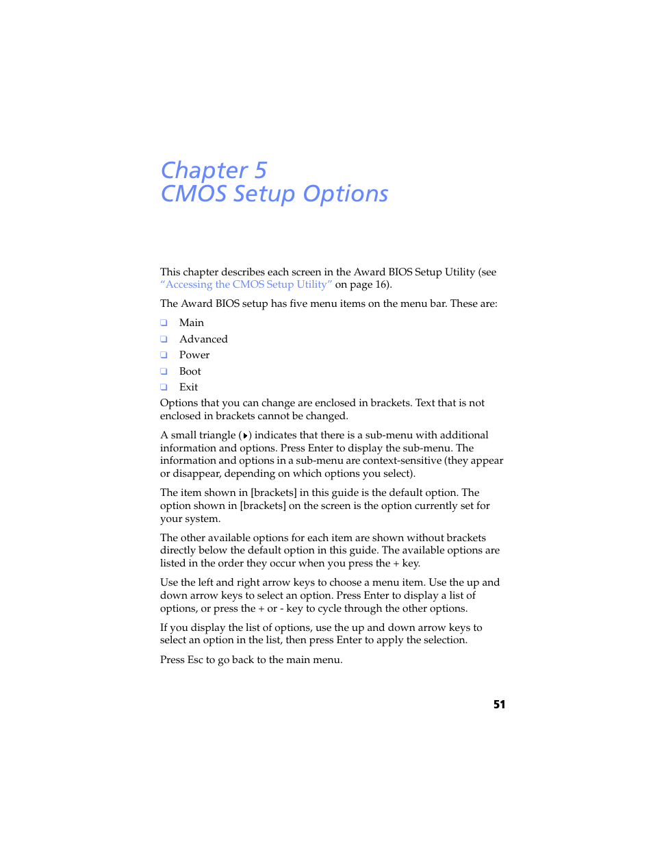 Cmos setup options, Chapter 5 — cmos setup options, Cmos | Setup options, Cmos settings. see, Chapter 5 cmos setup options | Sony PCV-LX920 User Manual | Page 63 / 94