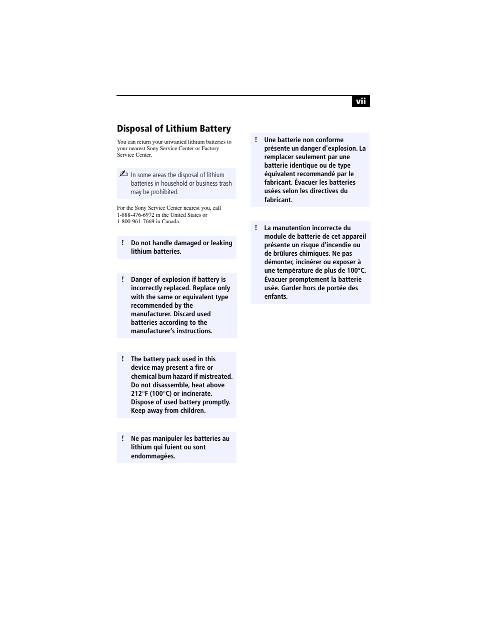 Disposal of lithium battery | Sony PCV-LX920 User Manual | Page 7 / 94