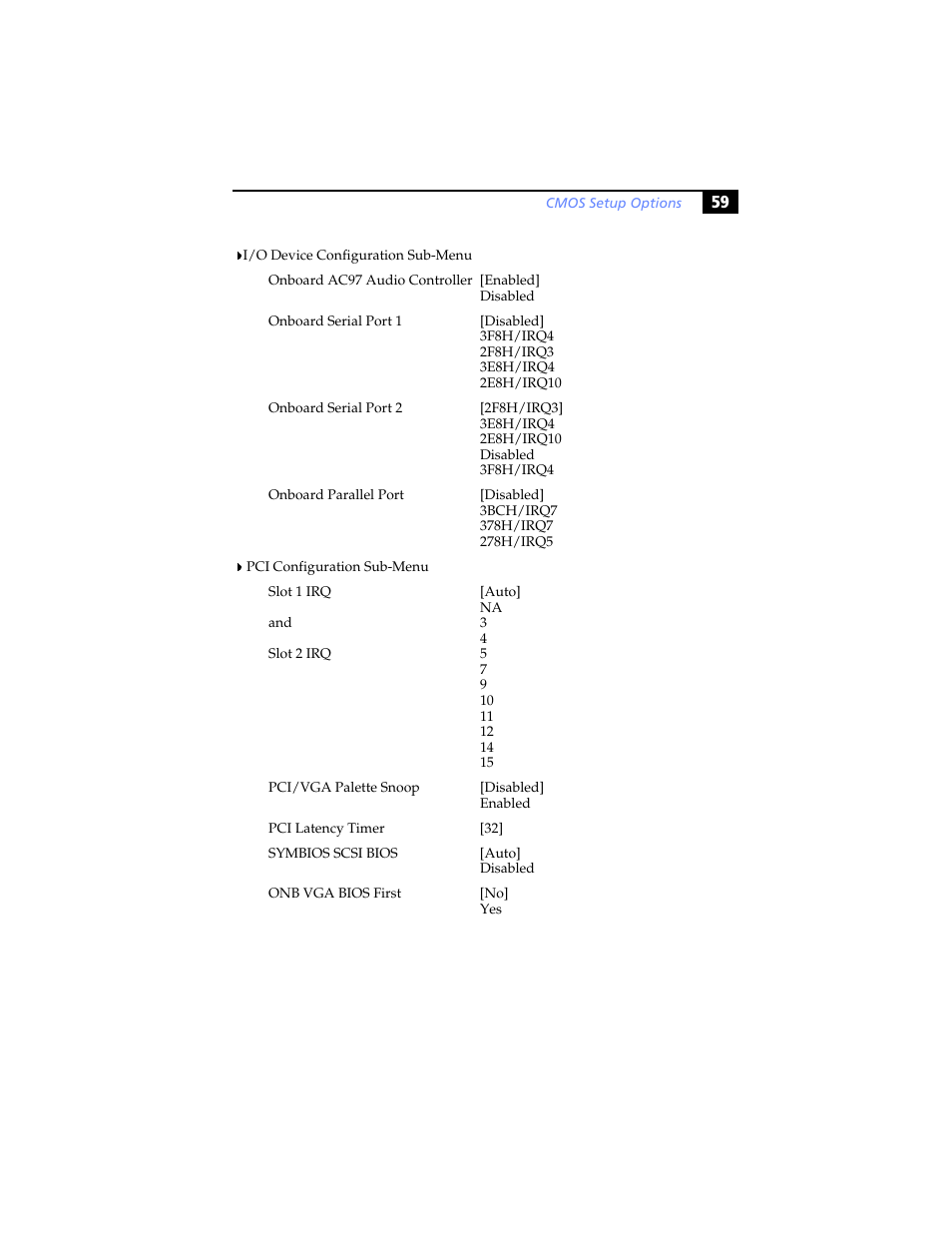 I/o device configuration sub-menu, Pci configuration (see, Pci configuration sub-menu | Sony PCV-LX920 User Manual | Page 71 / 94