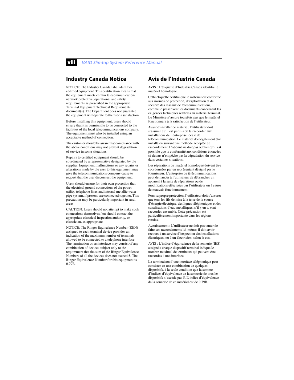 Industry canada notice, Avis de l’industrie canada, Viii | Sony PCV-LX920 User Manual | Page 8 / 94