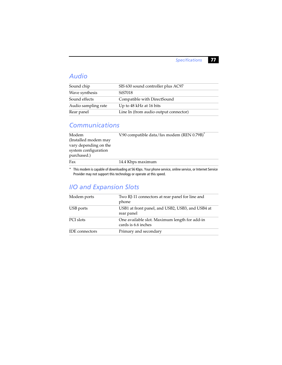 Audio, Communications, I/o and expansion slots | Audio communications i/o and expansion slots | Sony PCV-LX920 User Manual | Page 89 / 94